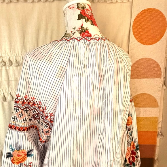 Johnny Was Blue and White Striped Embroidered Colorful Blouse - Picture 2 of 9